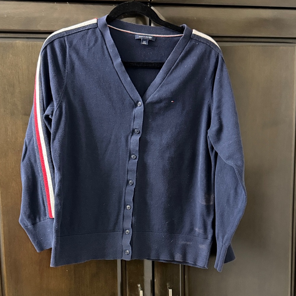Tommy Hilfiger Navy Cardigan with Red and White Stripes